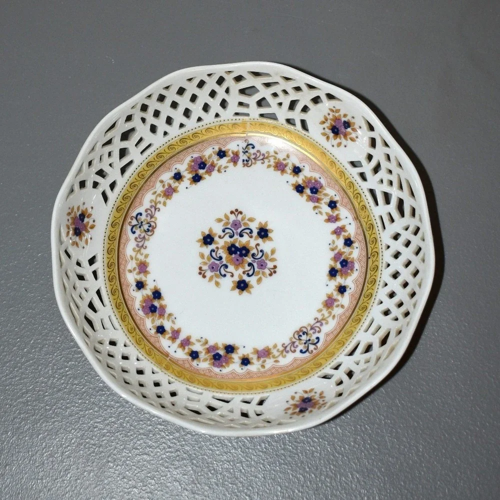 MABA Porcellane Artistiche Limoges Bowl White Gold Excellent Reticulated Floral